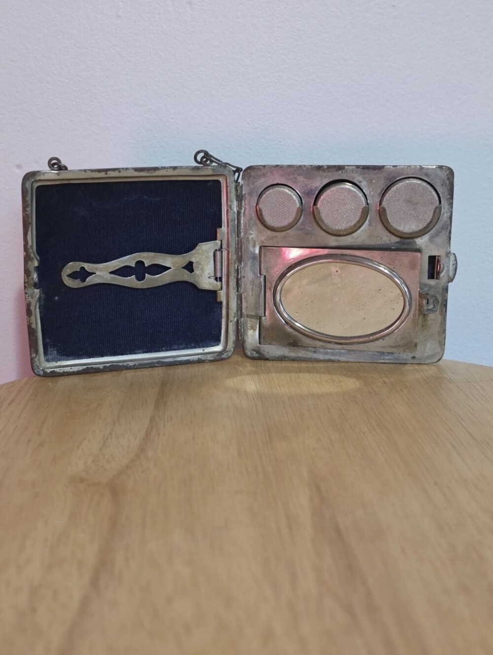 Antique German Silver Dance Purse Compact Coin Holder Mirror Chain